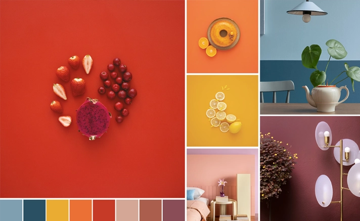 colecoes tons de laranja vermelho e roxo suvinil Tons de laranja, vermelho e roxo dispostos com elementos que definem suas cores.