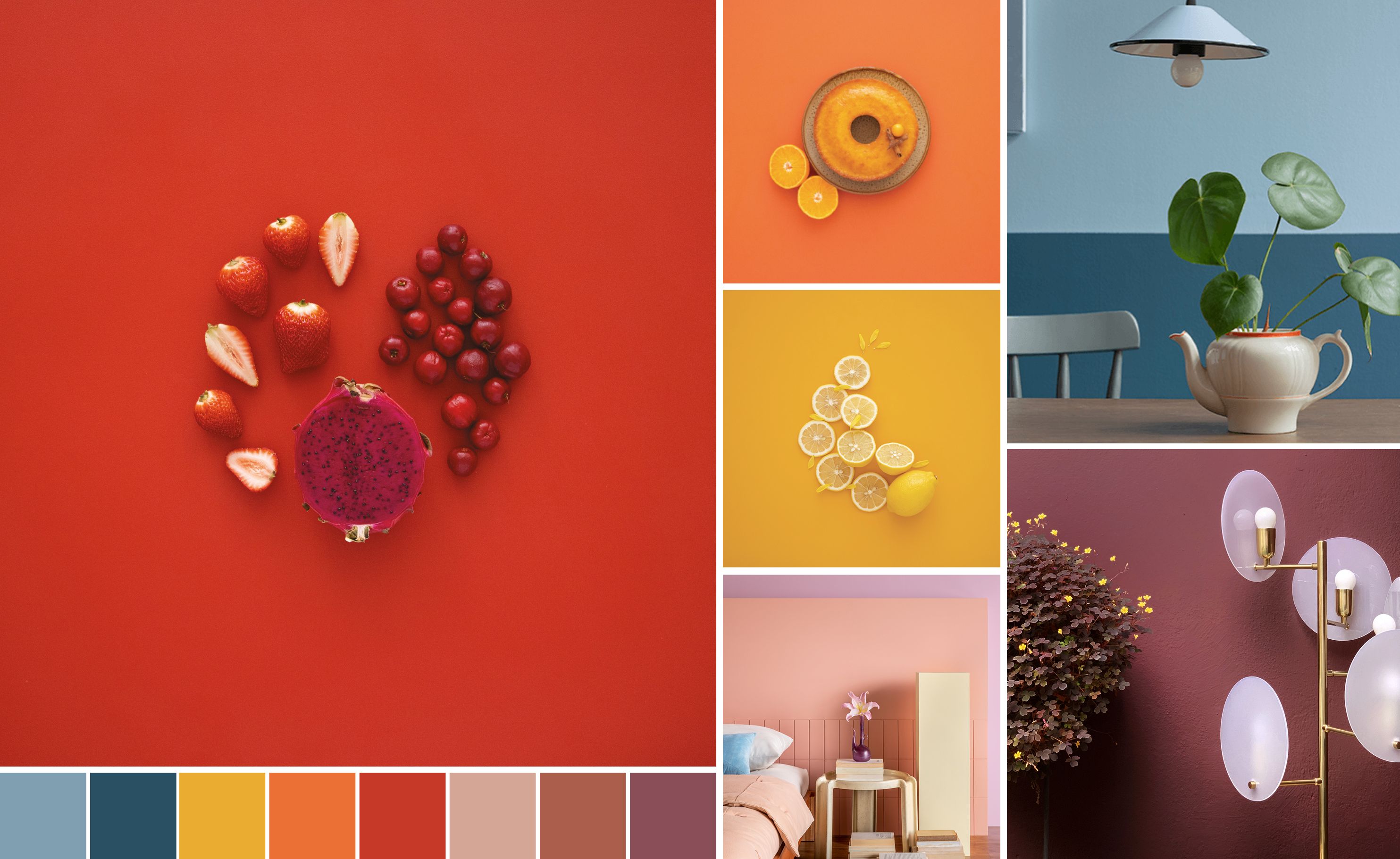 colecoes tons de laranja vermelho e roxo suvinil Tons de laranja, vermelho e roxo dispostos com elementos que definem suas cores.