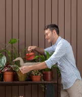 homem regando plantas parede madeira marrom escuro Homem regando plantas em frente a uma parede de madeira de tom marrom escuro.