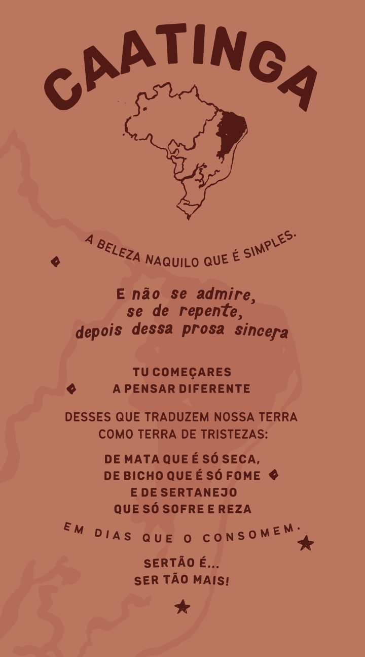 poema caatinga 4 Caatinga: a beleza naquilo que é simples. E não se admire, se de repentem depois dessa prosa sincera Tu começares a pensar diferente desses que traduzem nossa terra como tristezas: De mata que é só seca, de bicho que é só fome e de sertanejo que só sofre e reza em dias que o consomem. Sertão é... Ser tão mais!