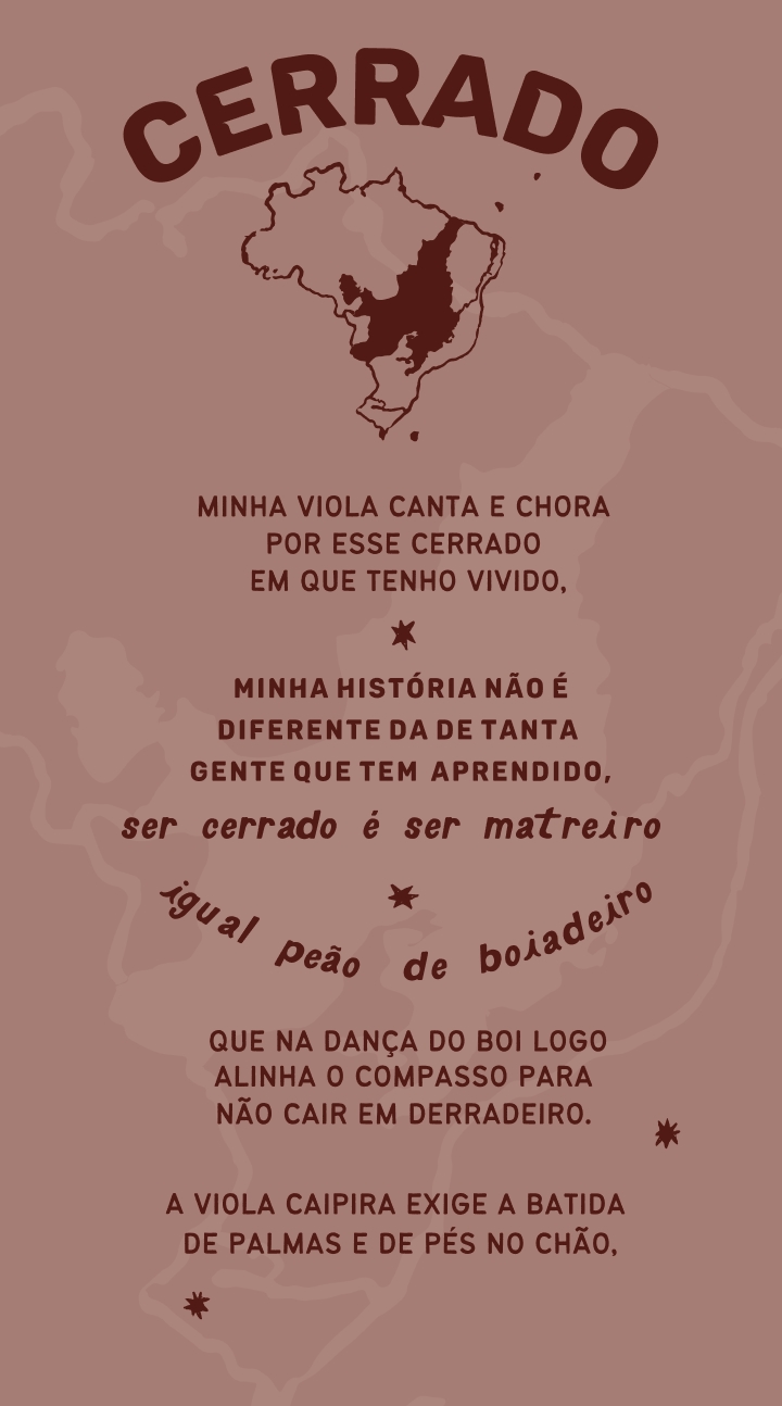 poema cerrado 1 Cerrado: Minha viola canta e chora por esse cerrado em que tenho vivido, minha história não é diferente da de tanta gente que tem aprendido, ser cerrado é ser matreiro igual peão de boiadeiro que na dança do boi logo alinha o compasso para não cair em derradeiro. A viola caipira exige a batida de palmas e de pés no chão,
