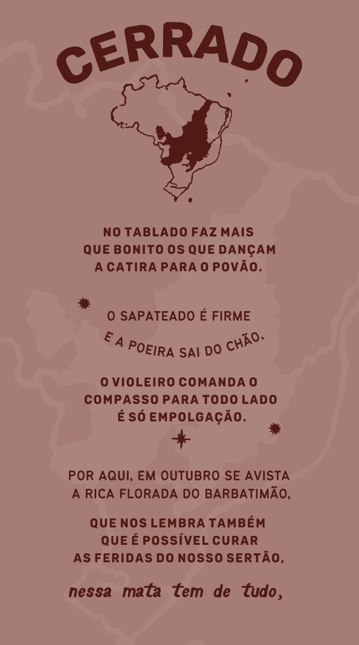 poema cerrado 2 Cerrado: no tablado faz mais que bonito os que dançam a catira para o povão. O sapateado é firme e a poeira sai do chão, o violeiro comanda o compasso para todo lado é só empolgação. Por aqui em outubro se avista a rica florada do barbatimão, que nos lembra também que é possível curar as feridas do nosso sertão, nessa mata tem de tudo,