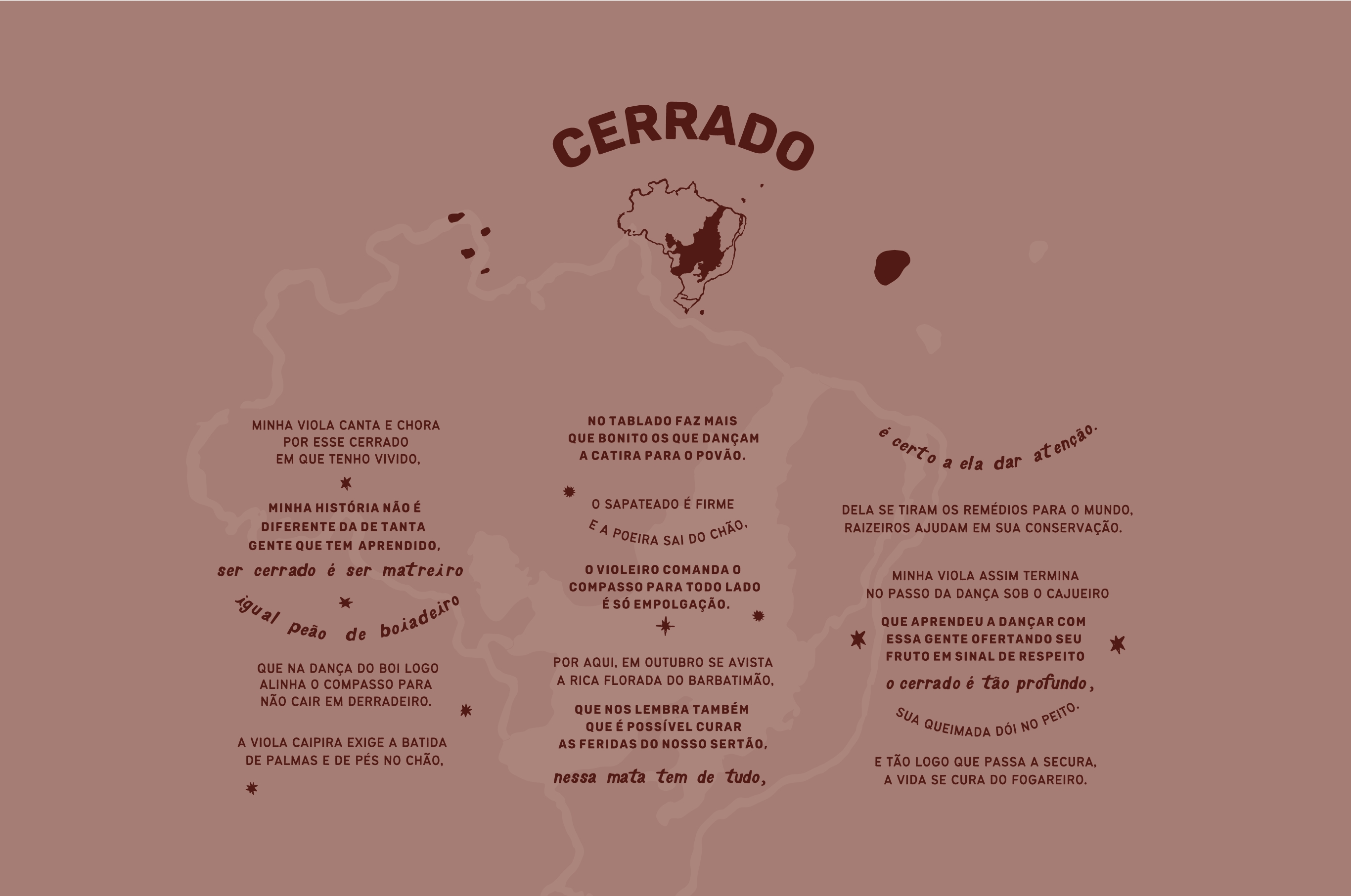 poema cerrado Cerrado: Minha viola canta e chora por esse cerrado em que tenho vivido, minha história não é diferente da de tanta gente que tem aprendido, ser cerrado é ser matreiro igual peão de boiadeiro que na dança do boi logo alinha o compasso para não cair em derradeiro. A viola caipira exige a batida de palmas e de pés no chão, no tablado faz mais que bonito os que dançam a catira para o povão. O sapateado é firme e a poeira sai do chão, o violeiro comanda o compasso para todo lado é só empolgação. Por aqui em outubro se avista a rica florada do barbatimão, que nos lembra também que é possível curar as feridas do nosso sertão, nessa mata tem de tudo, é certo a ela dar atenção. Dela se tiram os remédios para o mundo, raizeiros ajudam em sua conservação. Minha viola assim termina no passo da dança sob o cajueiro que aprendeu a dançar com essa gente ofertando seu fruto em sinal de respeito o cerrado é tão profundo, sua queimada dói no peito. E tão logo que passa a secura, a vida se cura do fogareiro.