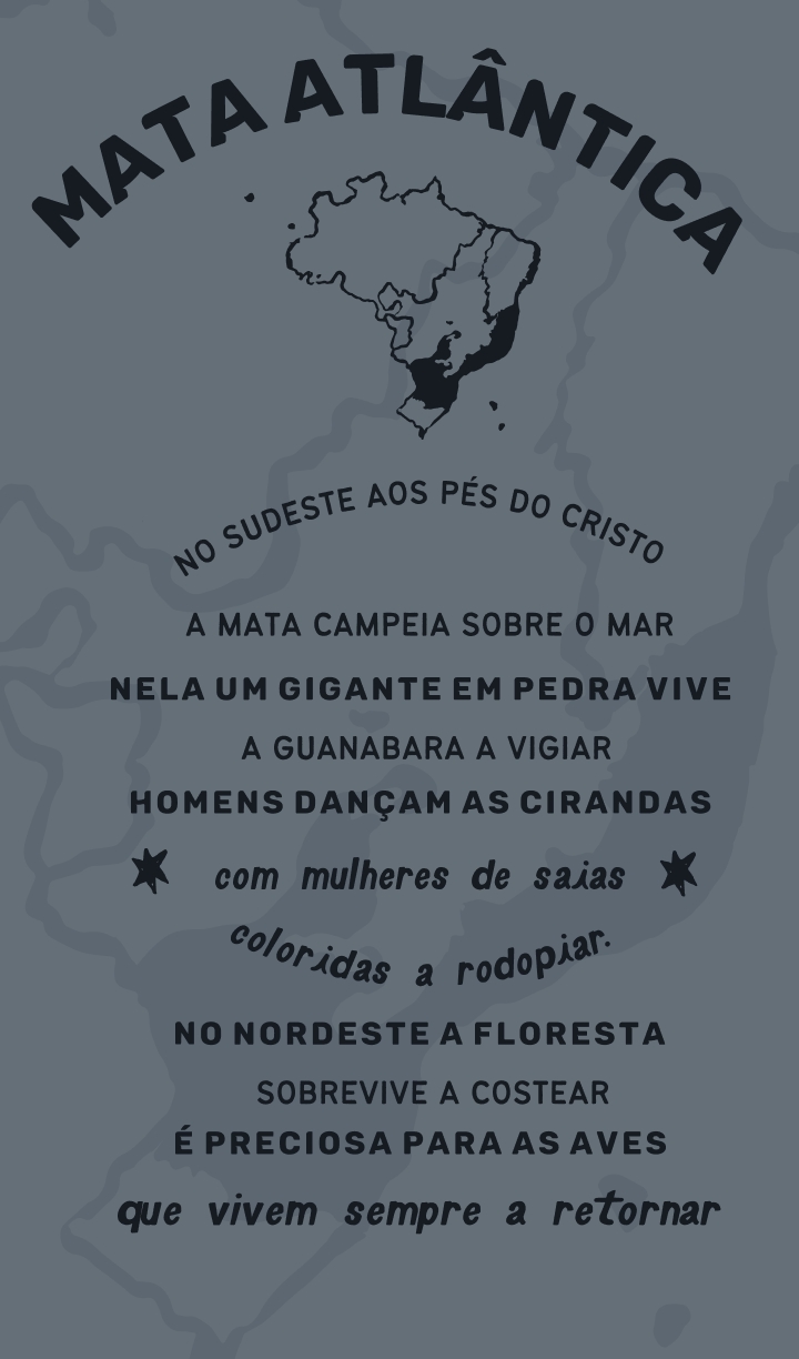 poema mata atlantica 2 Mata Atlântica: No sudeste aos pés do cristo a mata campeia sobre o mar nela um gigante em pedra vive a guanabara a vigiar homens dançam as cirandas com mulheres de saias coloridas a rodopiar. No nordeste a floresta sobrevive a costear é preciosa para as aves que vivem sempre a retornar