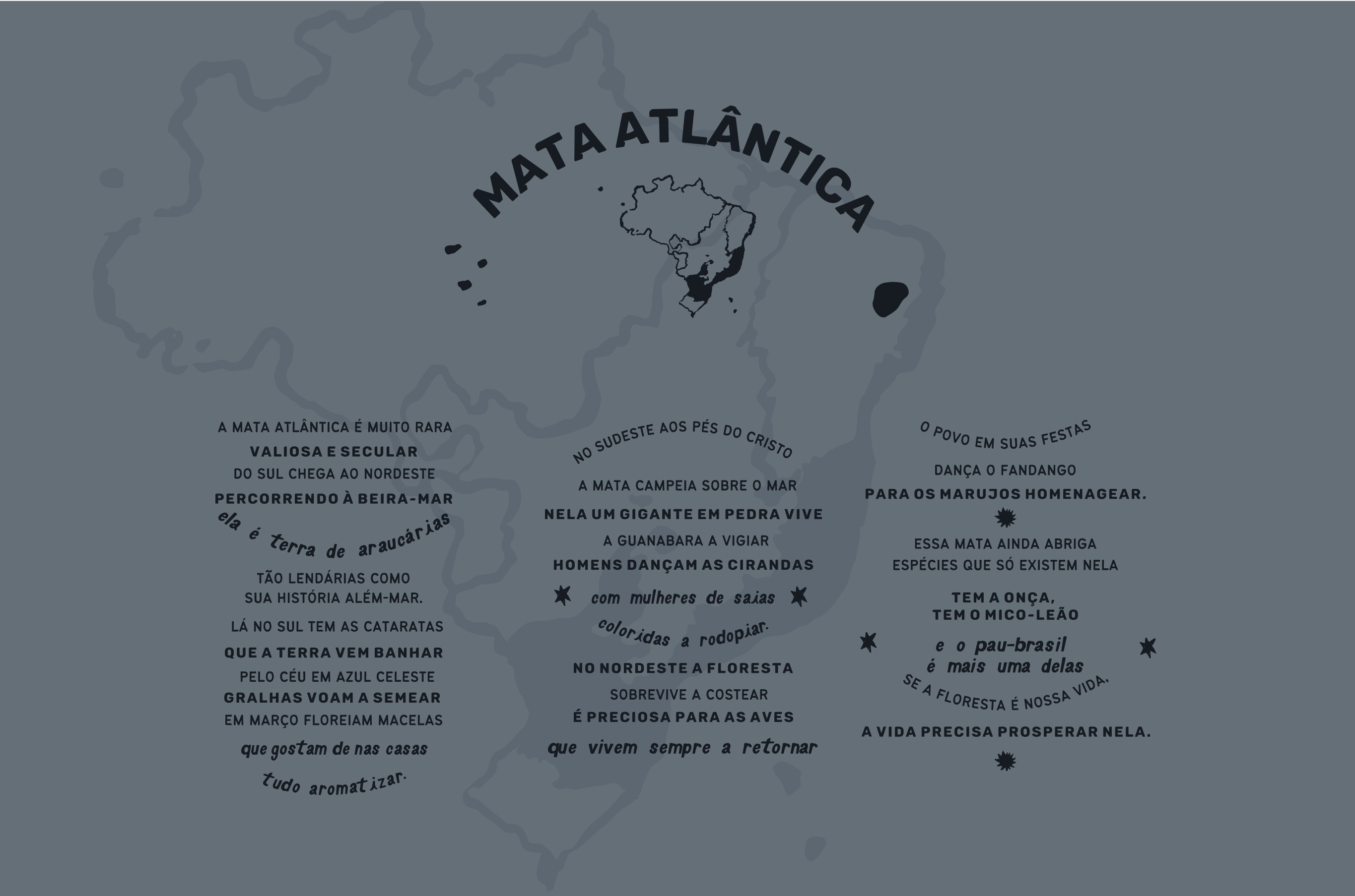 poema mata atlantica Mata Atlântica: A mata atlântica é muito rara valiosa e secular do sul chega ao nordeste percorrendo à beira-mar ela é terra de araucárias tão lendárias como sua história além-mar. Lá no sul tem as cataratas que a terra vem banhar pelo céu celeste gralhas voam sem semear em março floreiam macelas que gostam de nas casas tudo aromatizar. No sudeste aos pés do cristo a mata campeia sobre o mar nela um gigante em pedra vive a guanabara a vigiar homens dançam as cirandas com mulheres de saias coloridas a rodopiar. No nordeste a floresta sobrevive a costear é preciosa para as aves que vivem sempre a retornar o povo em suas festas dança o fandango para os marujos homenagear. Essa mata ainda abriga espécies que só existem nela tem a onça, tem o mico-leão e o pau-brasil é mais uma delas se a floresta é nossa vida, a vida precisa prosperar nela.