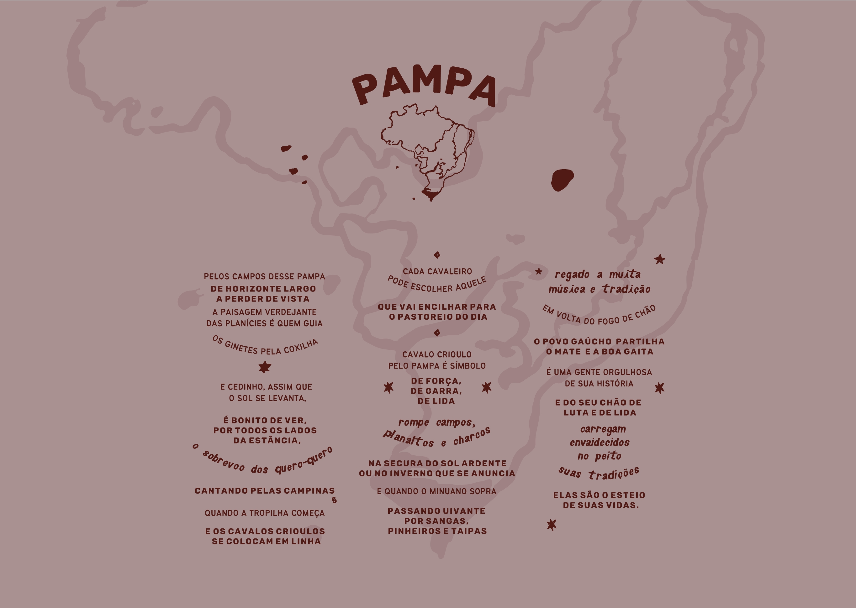 poema pampa Pampa: Pelos campos dessa pampa de horizonte largo a perder de vista a paisagem verdejante das planícies é quem guia os ginetes dela coxilha e cedinho, assim que o sol se levanta, é bonito de ver, por todos os lados da estância, o sobrevoo dos quero-quero cantando pelas campinas. Quando a tropilha começa e os cavalos crioulos se colocam em linha cada cavaleiro pode escolher aquele que vai encilhar parao pastoreio do dia, cavalo crioulo pelo pampa é símbolo de força, de garra, de lida rompe os campos, planaltos e charcos na secura do sol argente ou no inverno que se anuncia e quando o minuano sopra passando uivante por sangas, pinheiros e taipas regado a muita música e tradição em volta do fogo de chão o povo gaúcho partilha o mate e a boa gaita é uma gente orgulhosa de sua história e do seu chão de luta e de lida carregam envaidecidos no peito suas tradições elas são o esteio de suas vidas.