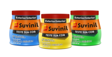 embalagens suvinil teste a sua cor Três embalagens do Suvinil Teste Sua Cor.