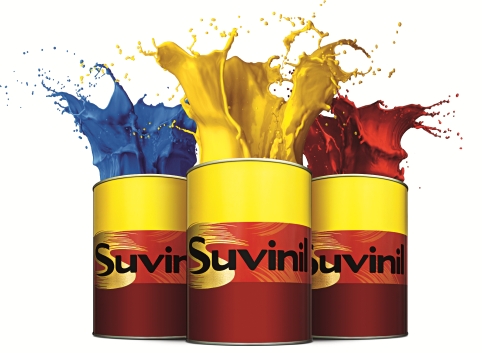 suvinil lata de tinta azul amarelo vermelho Ilustração de três latas de tintas da Suvinil, lado a lado, nas cores azul, amarelo e vermelho.
