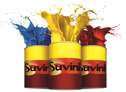 suvinil lata de tinta azul amarelo vermelho Ilustração de três latas de tintas da Suvinil, lado a lado, nas cores azul, amarelo e vermelho.