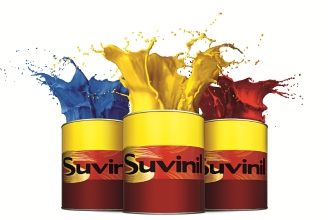 suvinil lata de tinta azul amarelo vermelho Ilustração de três latas de tintas da Suvinil, lado a lado, nas cores azul, amarelo e vermelho.